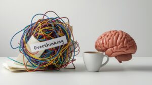 A colorful tangled wire labeled 'Overthinking' next to a brain model and a white coffee cup.