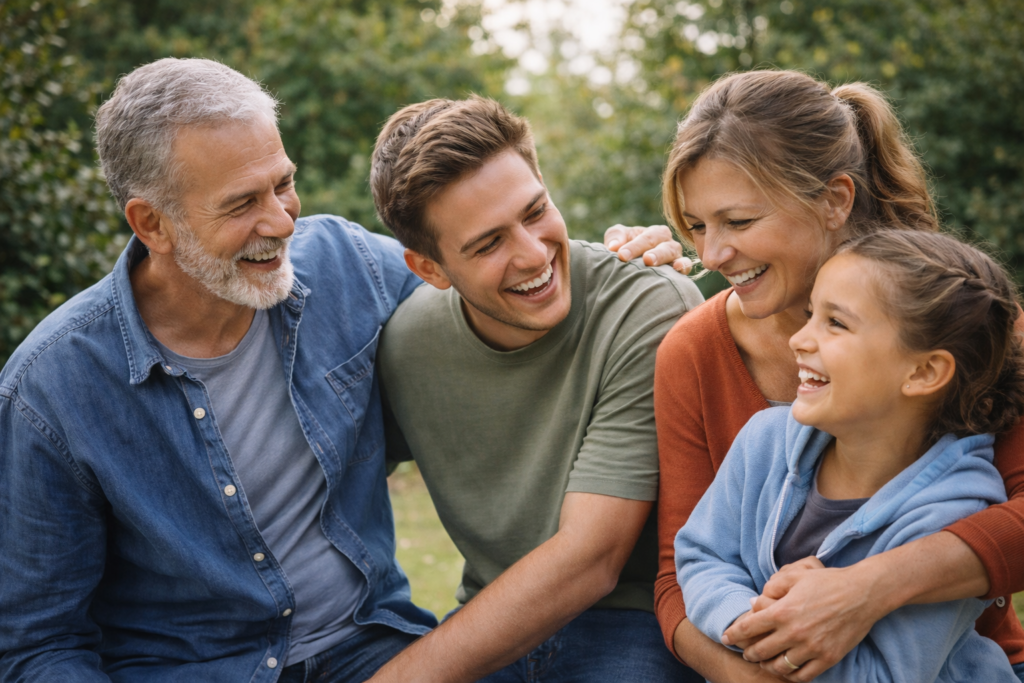 A family of four, including grandparents and grandchildren, sharing a joyful moment outdoors with smiles and laughter.