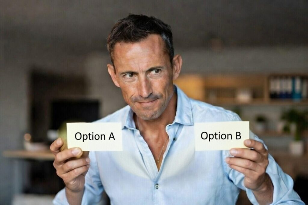 Man holding two cards labeled 'Option A' and 'Option B', displaying a thoughtful expression while considering choices.